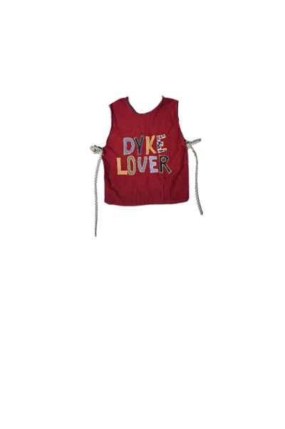 red shirt with patchwork wording spelling 'Dyke Lover'
