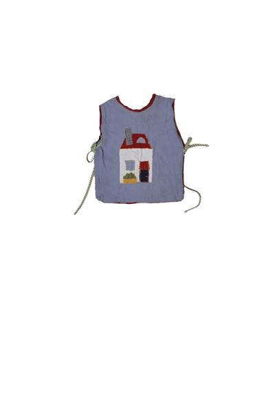 blue shirt with patchwork house